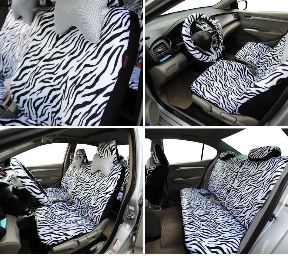 12PCS White Zebra Racing Car Seat Covers Set Pads Mats Steering Wheel Cover NEW